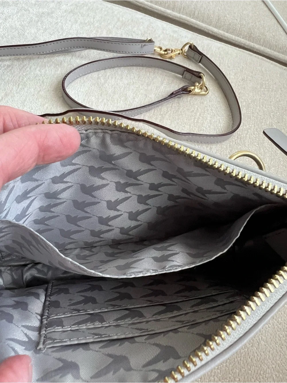 Lo & Sons Light Gray Leather Crossbody with Gold Hardware